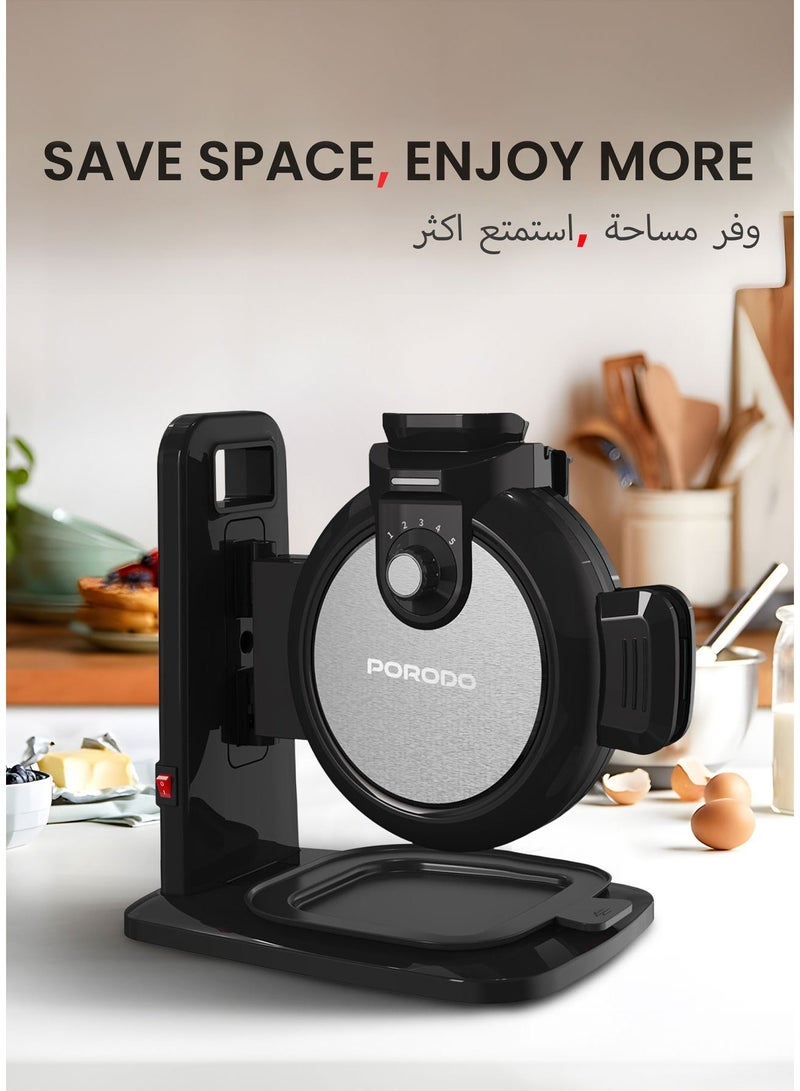 porodo Vertical Waffle Maker Hassle-Free Waffle with 5 Heat Levels & Nonstick Plate / 3 Min Waffle Making / Batter Tray / Even Heat Distribution / Compact Smart Design / Vertical Pouring - Black - Image 2